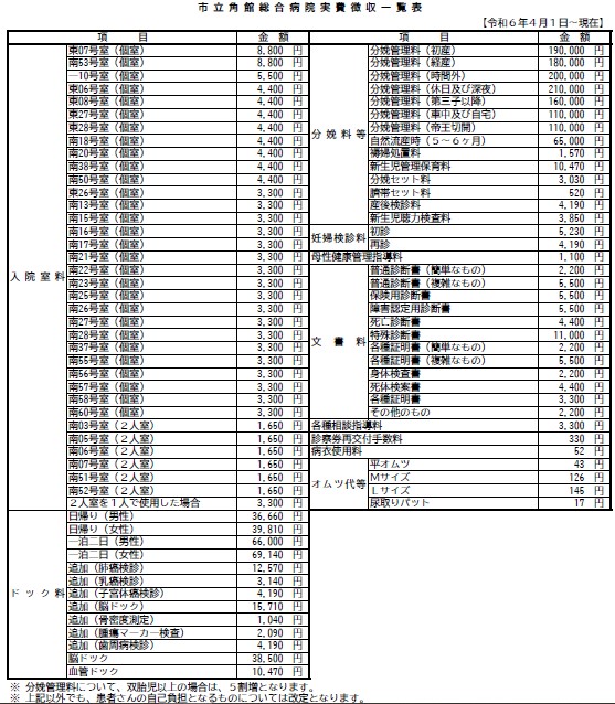 院内掲示【うち実費料金表】